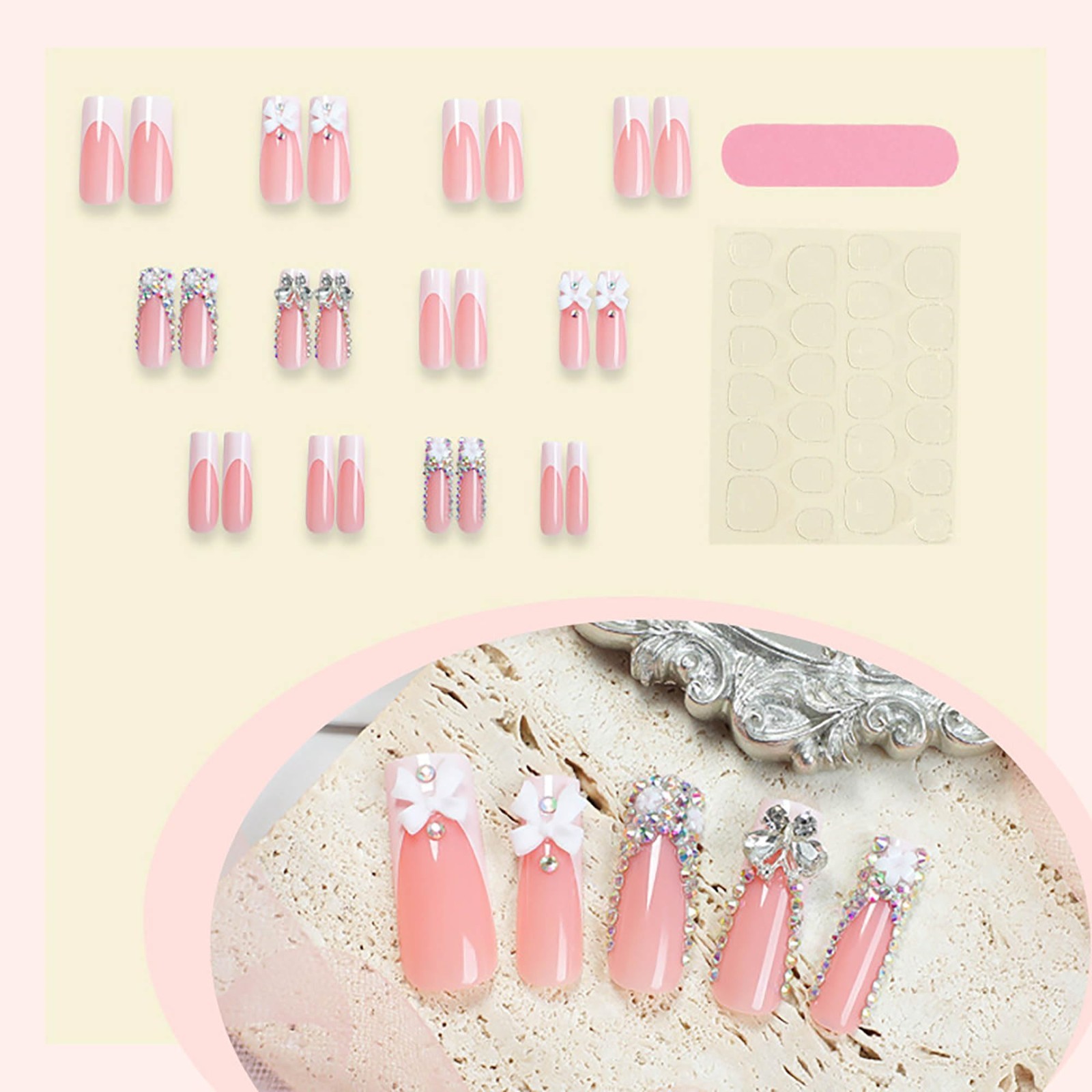 24Pcs Long Square XL Pink Full Cover Press On Nails White French Rhinestones