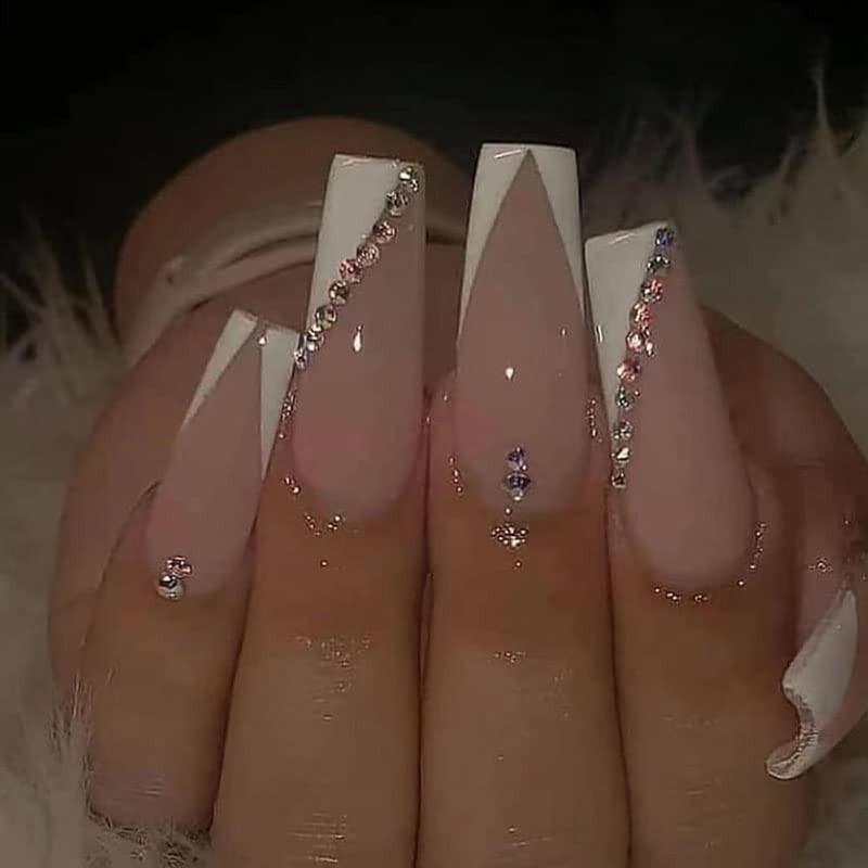 DOCVOEOMH French Tip Press on Nails Long Large, Rhinestone White A01