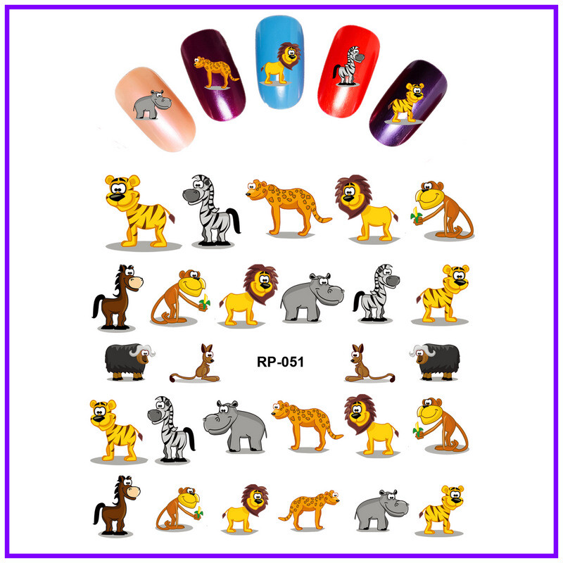 Nail art water transfer stickers decal cartoon characters cow zebra hippo RP051
