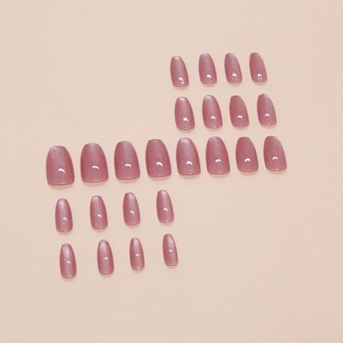 Cat Eye Press on Nails Short Coffin Fake Nails with Pink Glitter French Designs