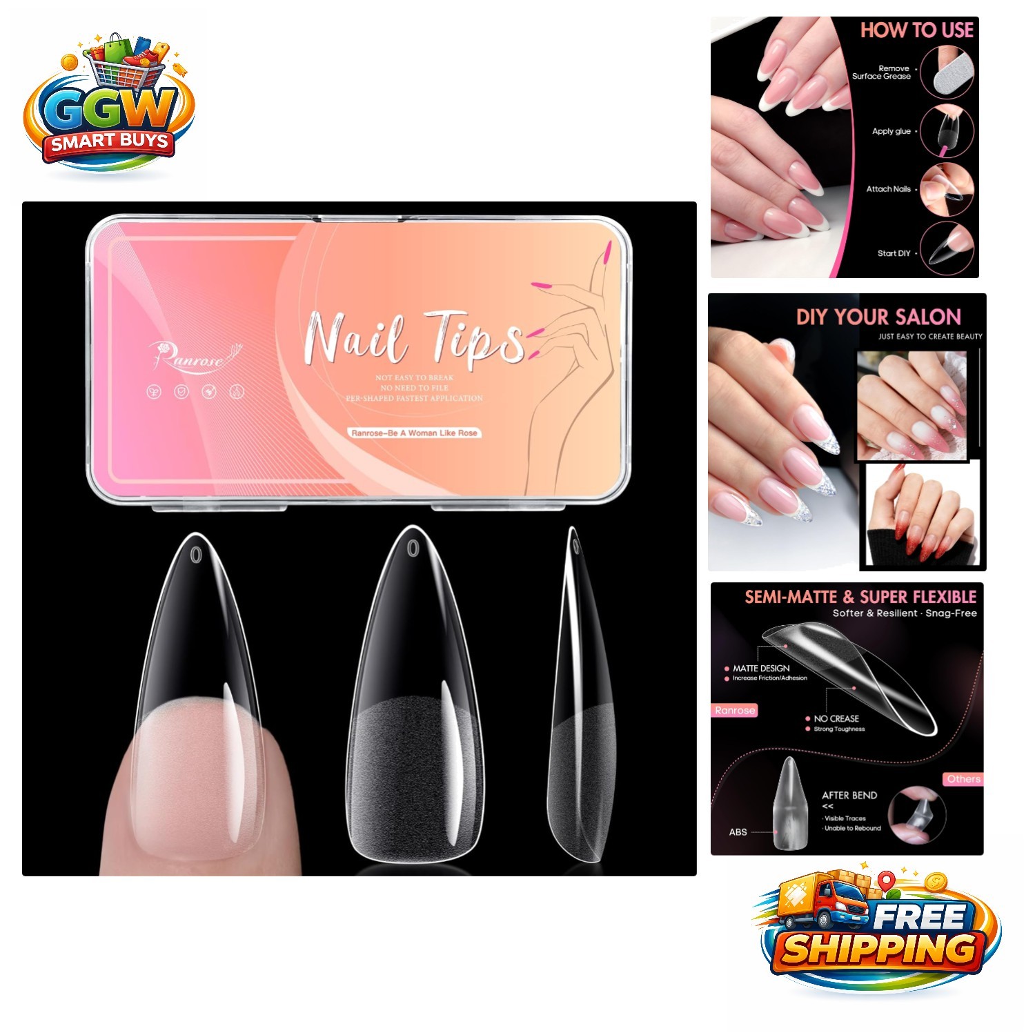 240pcs Long Almond Nail Tips – Full Cover, Half Matte, 12 Sizes for DIY Glam