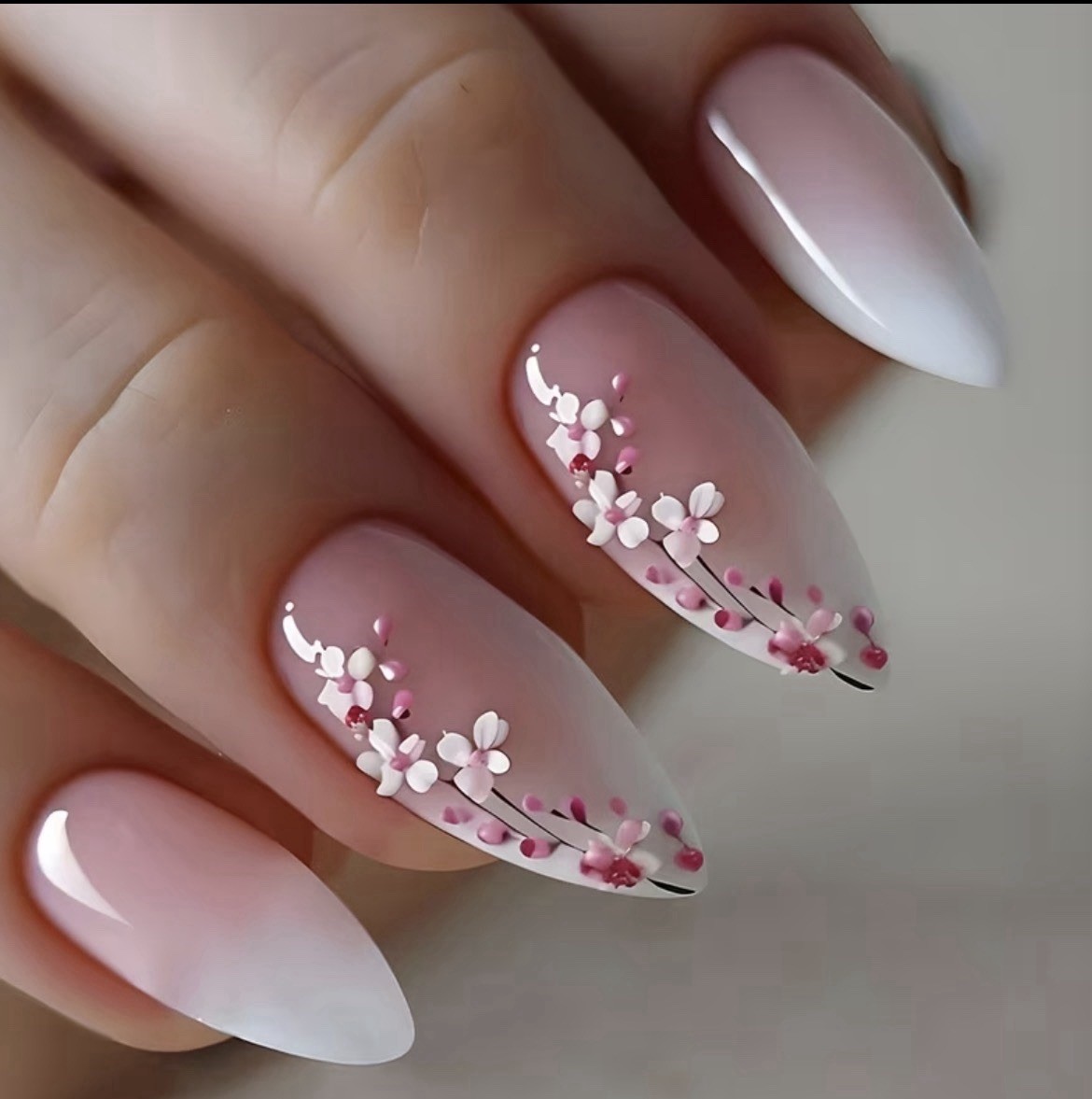 Beautiful Nail Pink White French Almond Long Press-On Nails 3D Flowers Glue