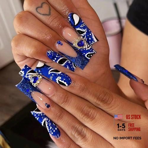 Square Fake Nails – Royal Blue – 3D Heart Glue Ons – Long Press