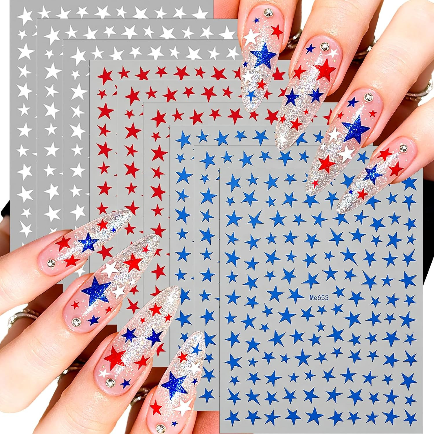 9 PCS 4Th of July Nail Stickers, Red White and Blue Nails Star Stickers | 3D