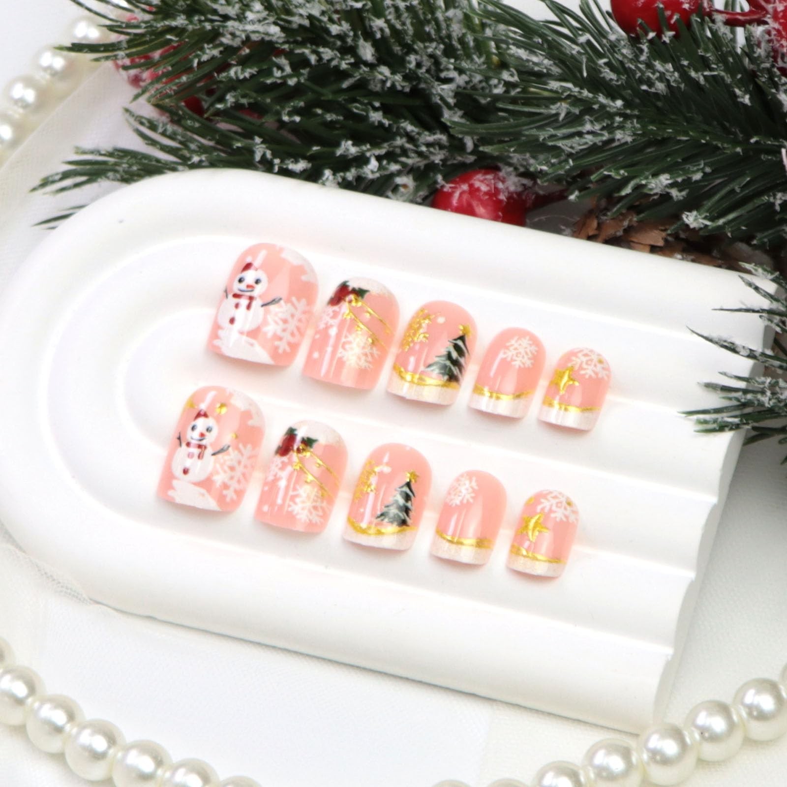 Christmas Press on Nails Short Square Fake Nails with Xmas Tree Snowflake Chr…