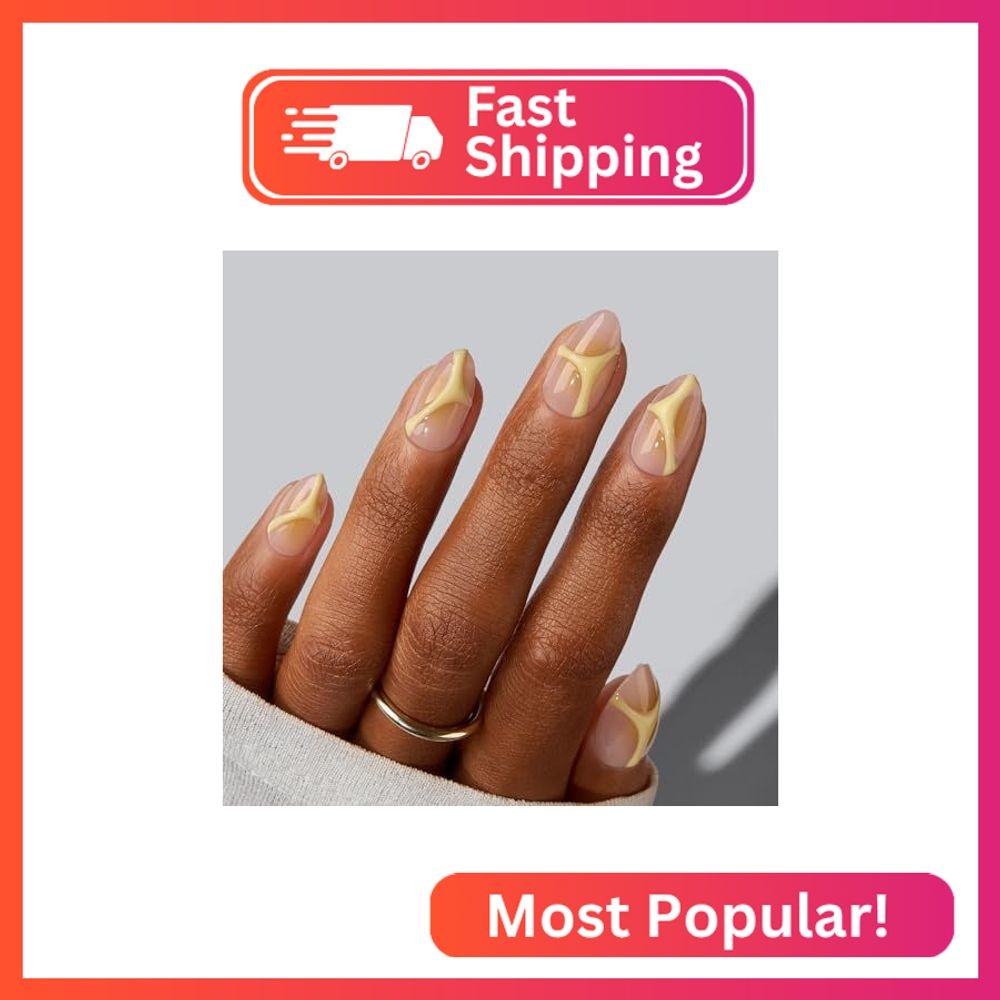 BTArtbox Press On Toenails,Lemon Spark, Short Almond, 3D Yellow Swirl, 32Ct