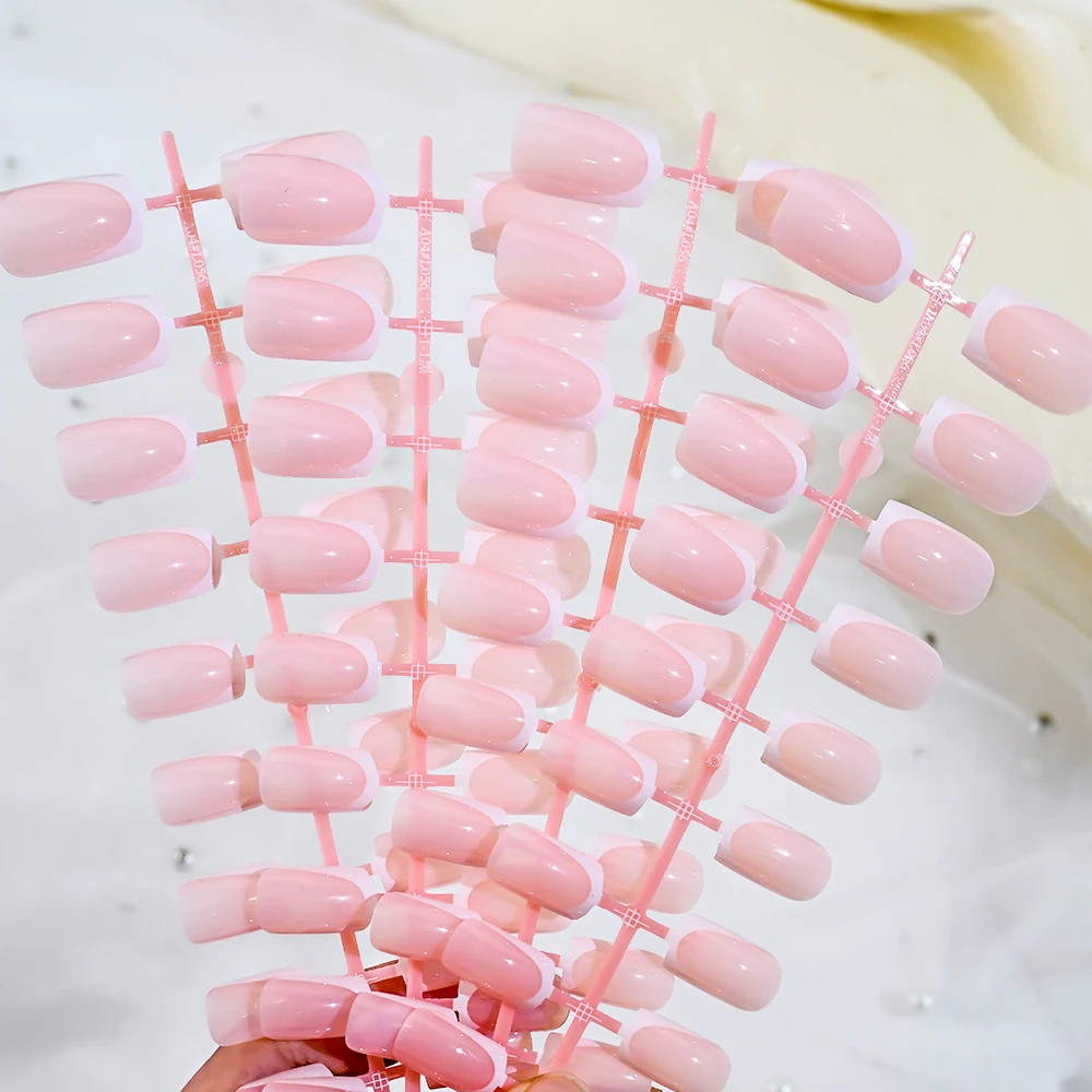 120Pcs Short Square Coffin French Fake Nails Glossy Pink Full Cover Press on