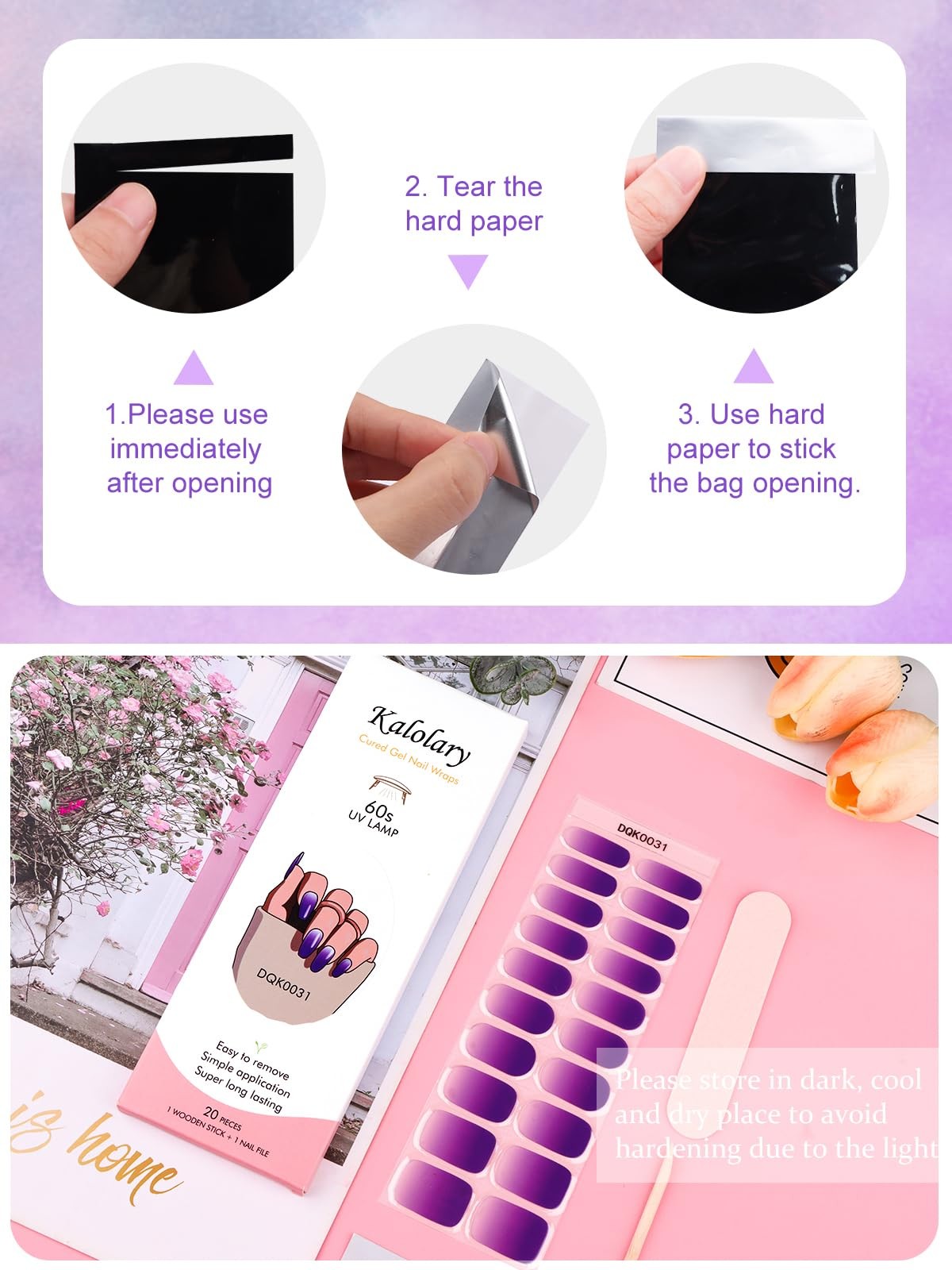 60PCS Gel Nail Polish Strips, Kalolary Gradient Purple Full Nail Wraps Gel Nail