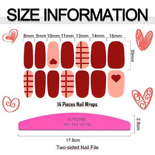 16 Sheets Nail Polish Strips Red Plaid Solid Color Nail Wraps Red&Pink Style