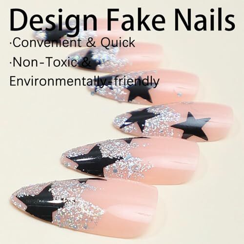 24Pcs Medium Almond Press on Nails with Black Five-pointed Star Design, Glossy