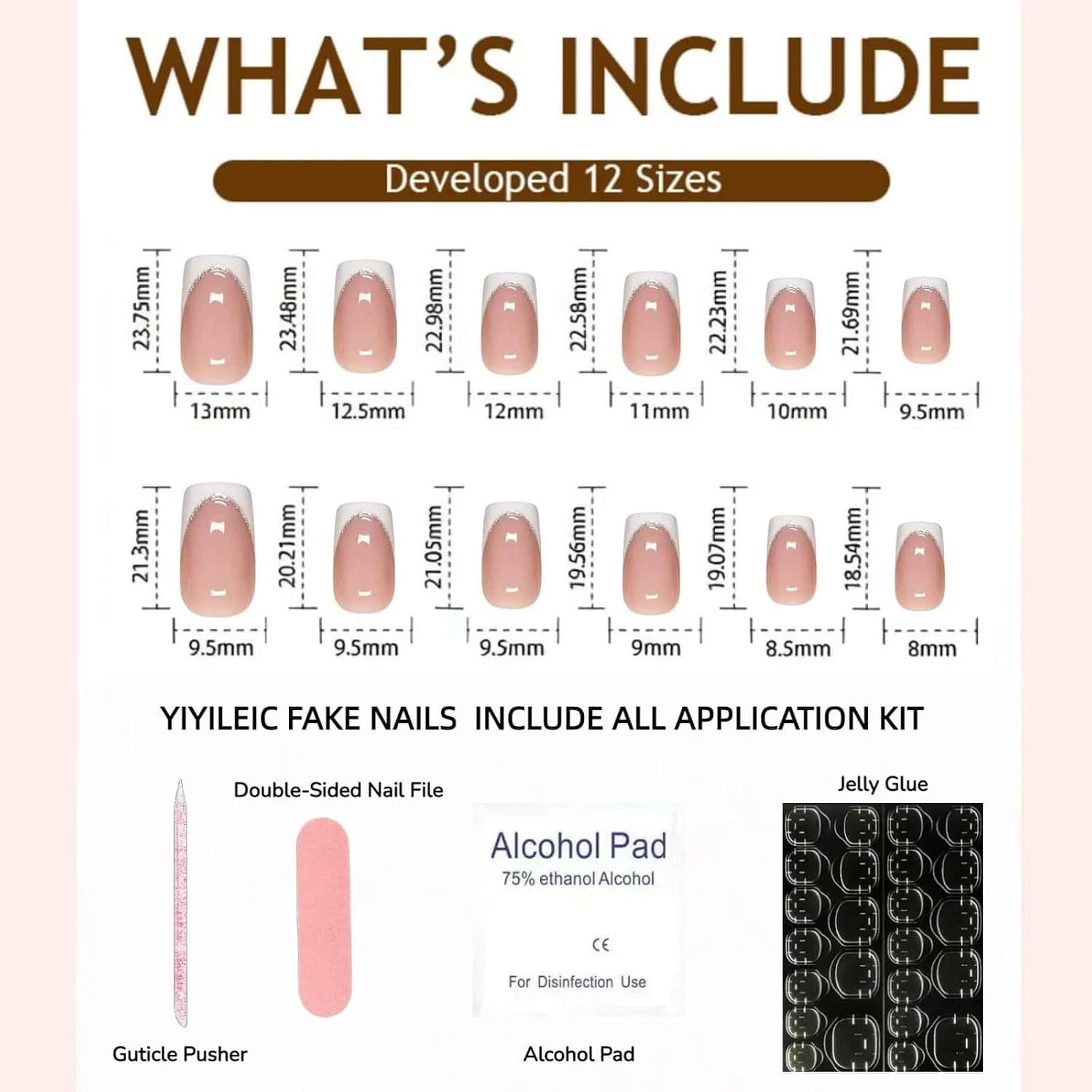 24PCS French Tip Press on Nails, Nude Square Glossy Fake Nails with White Silver