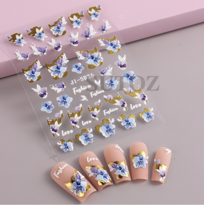 5D Embossed Blue Purple Butterfly Flower Cherry Love Nail Stickers Manicure NS54