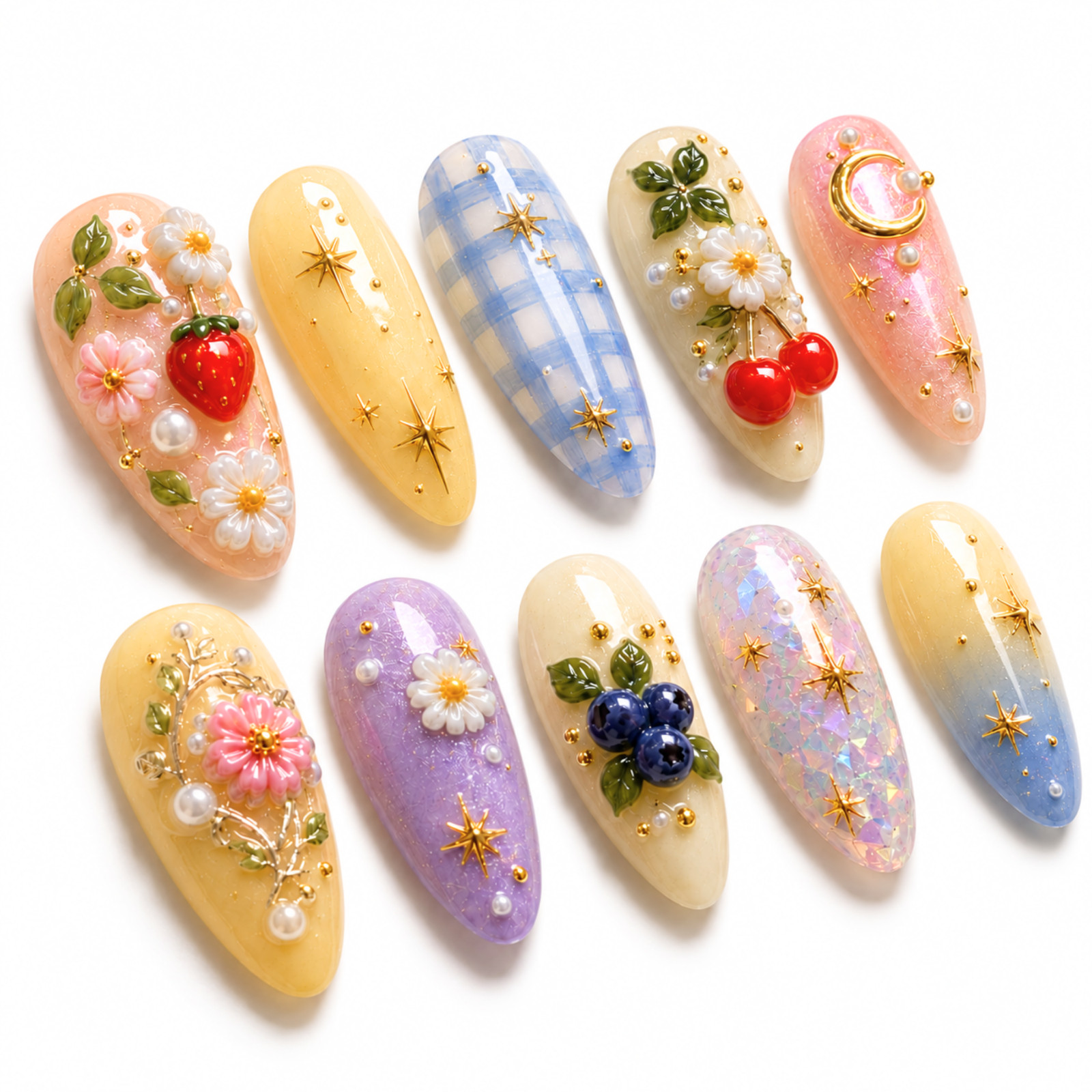 Handmade 3D Fruit Floral Press On Nails Celestial Pastel Set
