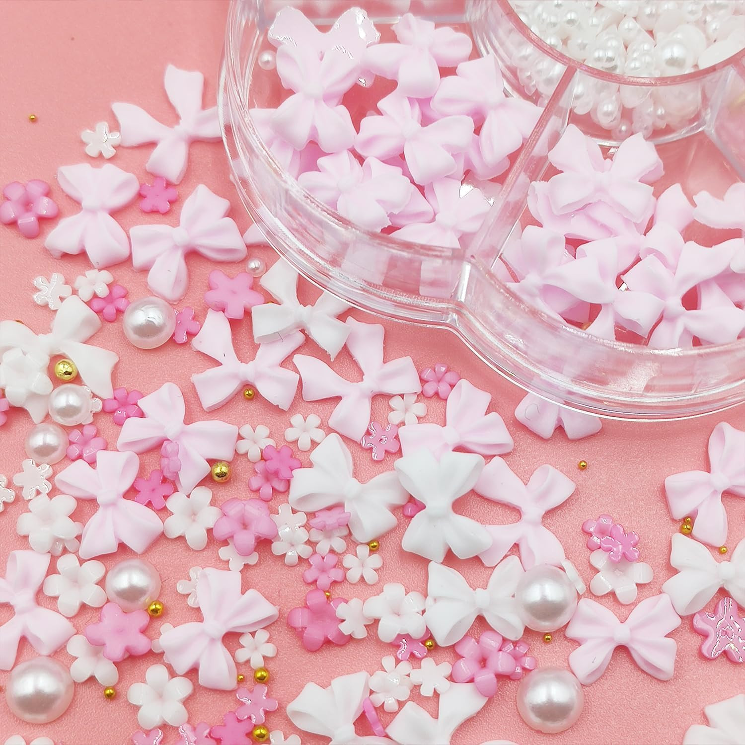 Nail Charms, Flower Bow Manicure Kit, Pink White 3D Cute Flower and Bow Nail Cha