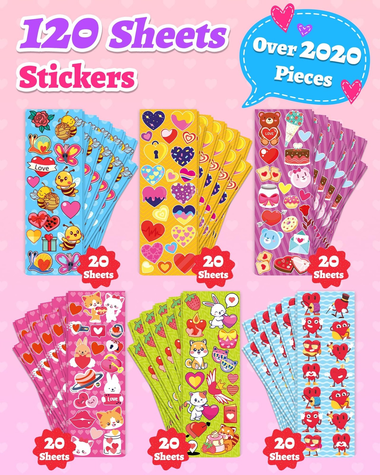 2020 PCS Valentines Day Stickers for Kids, 120 Sheets Heart Love Stickers, Va…