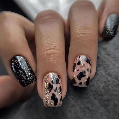 Black Press on Nails Square 24Pcs Glossy Full Cover Medium Acrylic Square