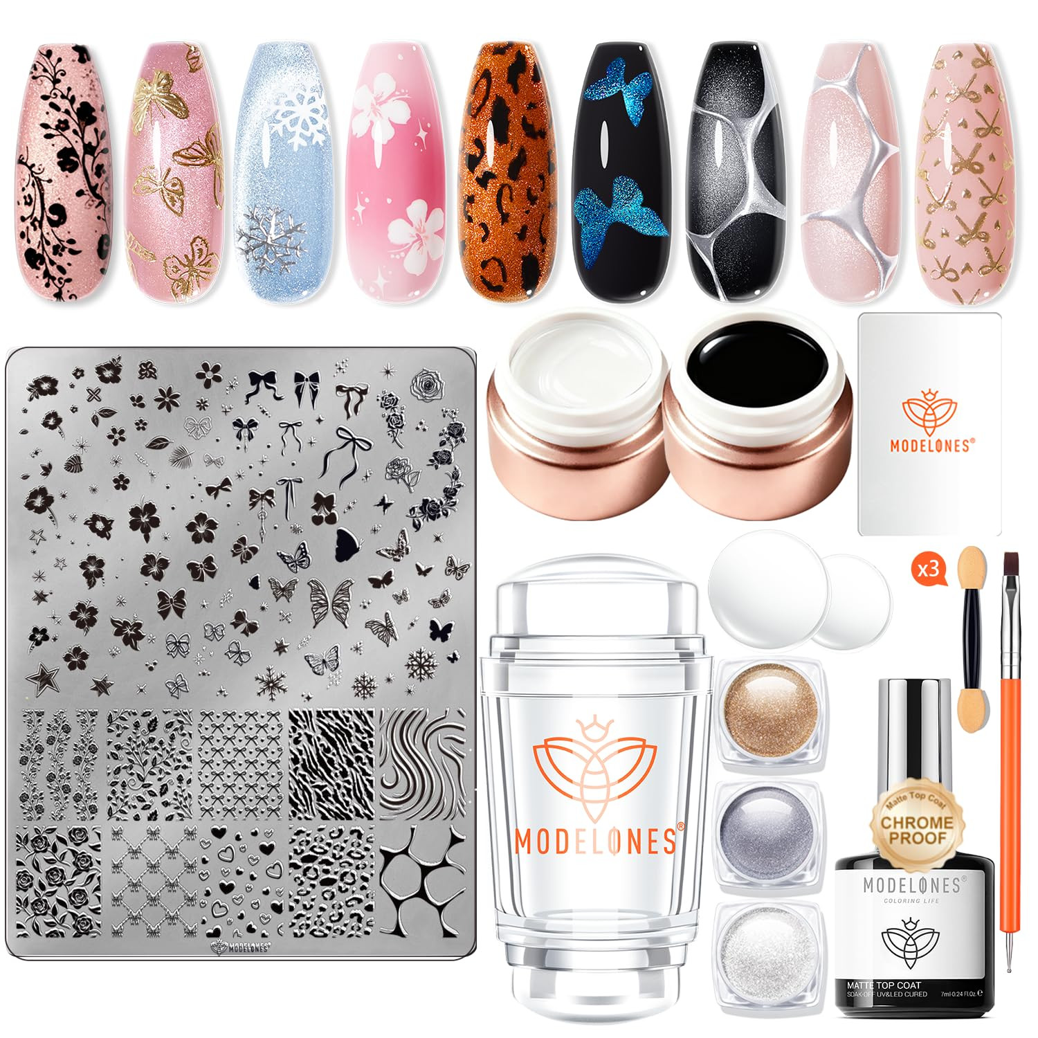 16 PCS Gel Nail Stamping Plate Set, French Tip Tool Gold Silver Pearl Chrome Pow