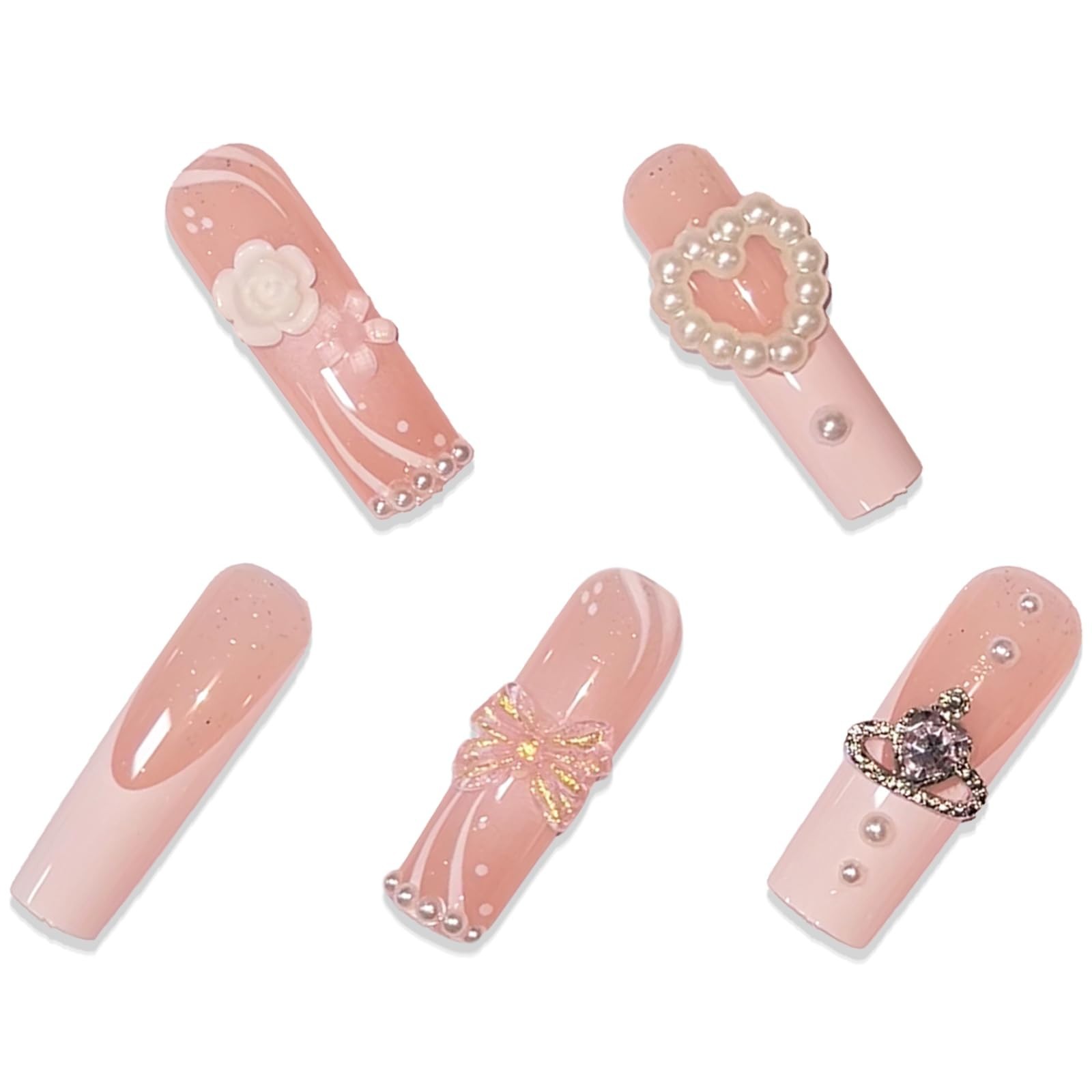 Pink White French Tip Press On Nails, 3D Flower Bow Rhinestone Glitter Design