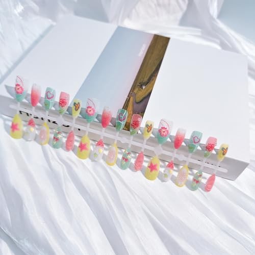 30pcs Summer Press on Nails Medium Almond Fake Nails with 3D Flower Handmade-14