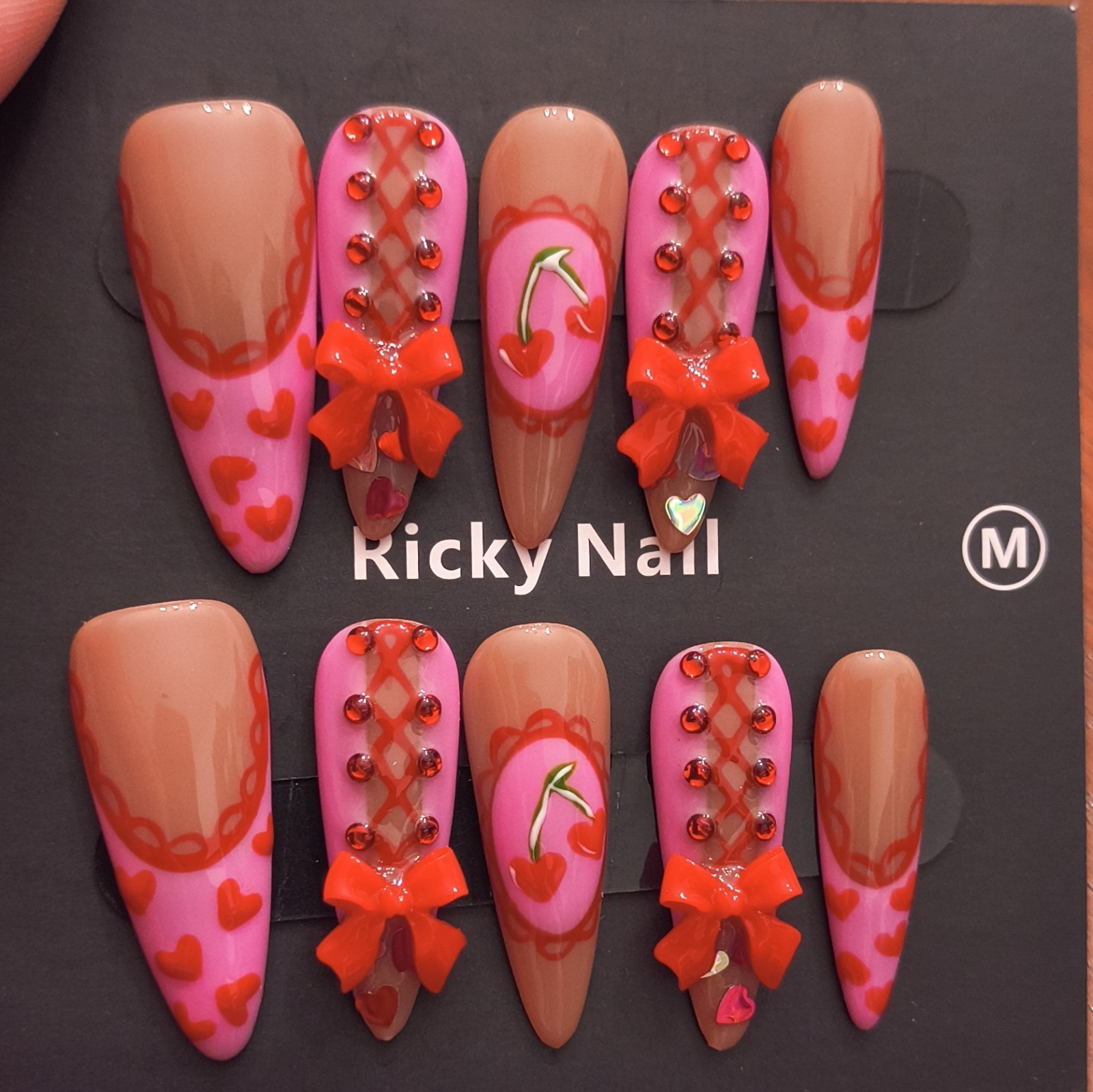 Ricky Nail 3D Long Almond Full Cover Artificial Nails Pink Nude Red Medium