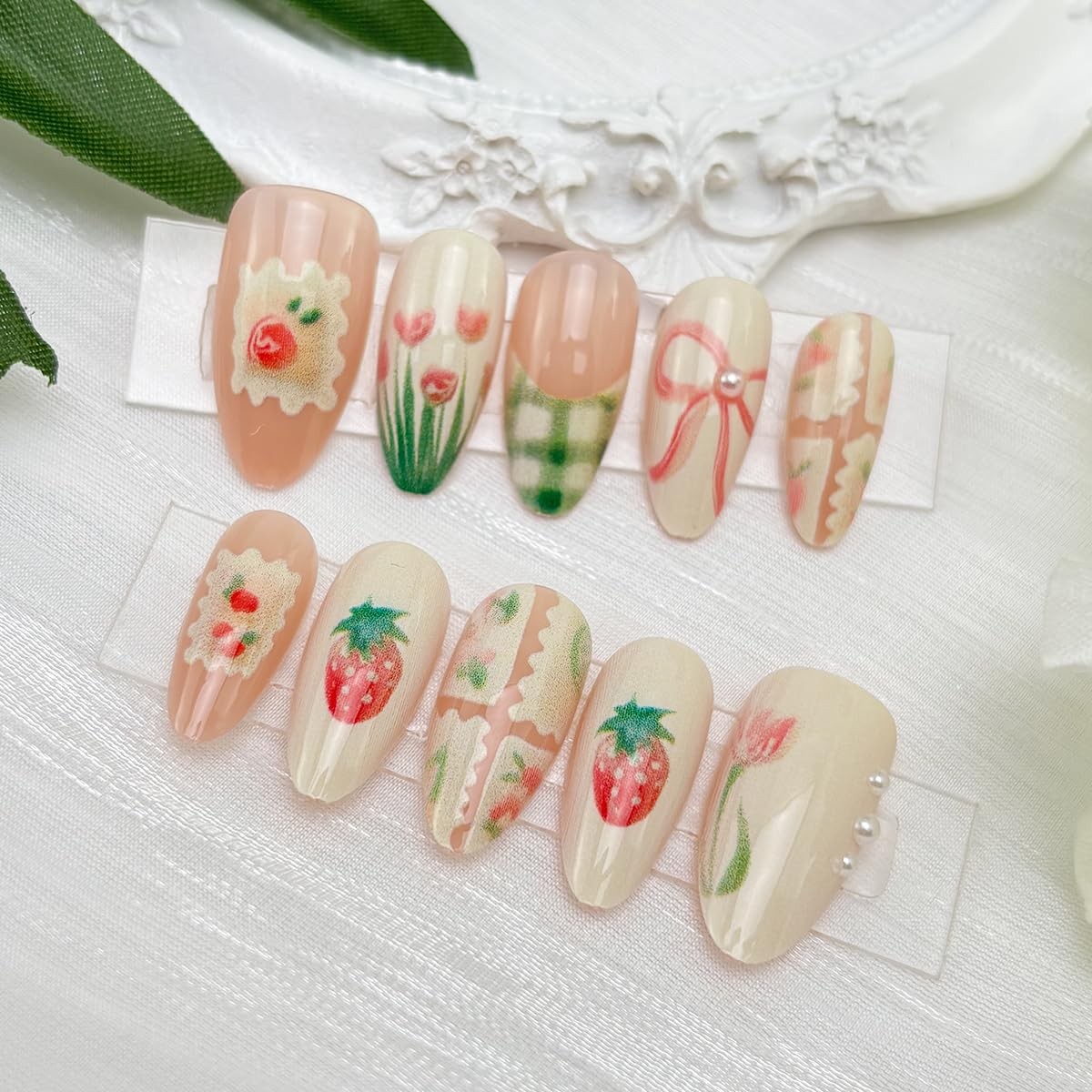 30Pcs Spring Press on Nails Medium Almond Fake Nails with Cute Flower Strawbe…