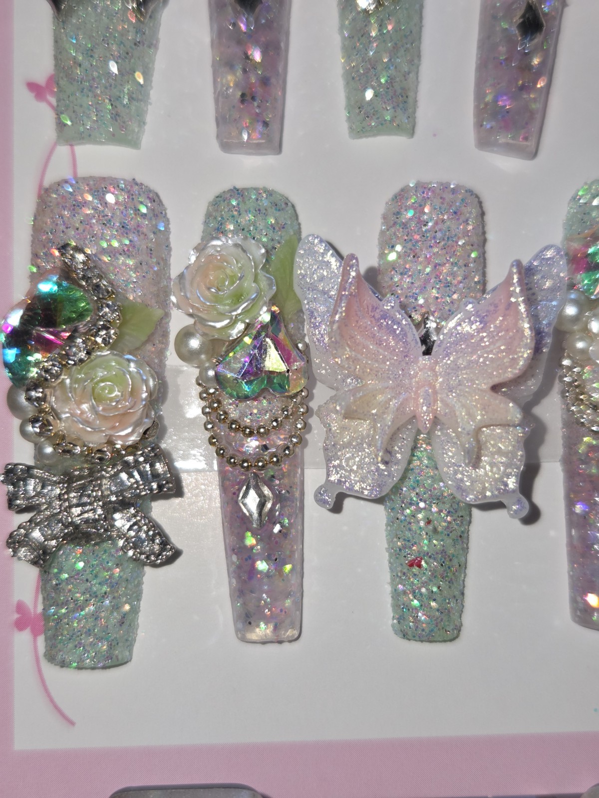 Press-On Nails Medium Xlong Coffin Pink Green, Water Aqua Nails, GLOW N DARK