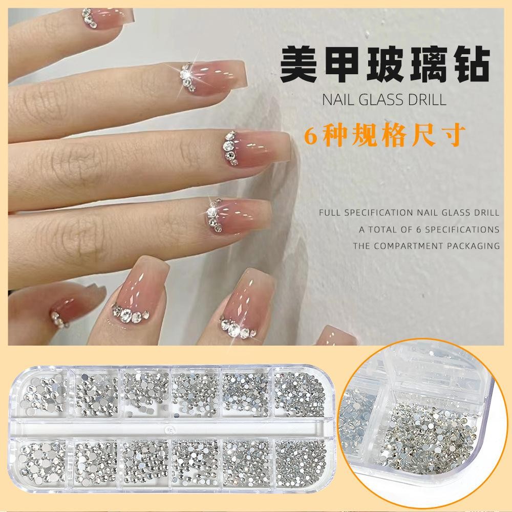 Mixed Sizes White Nail Rhinestones, Mini Flatback Glass Gems in Grid Box for DIY
