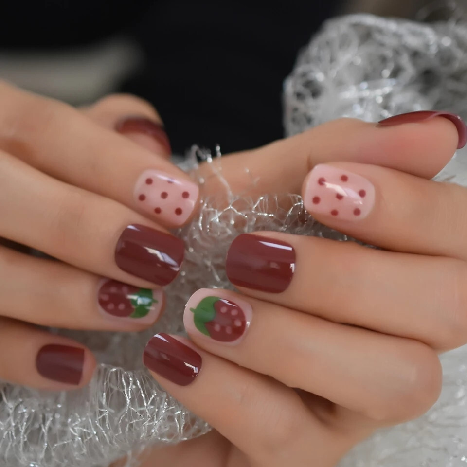 24 Short Press on nails kit w glue strawberry cute red dots kawaii fruit