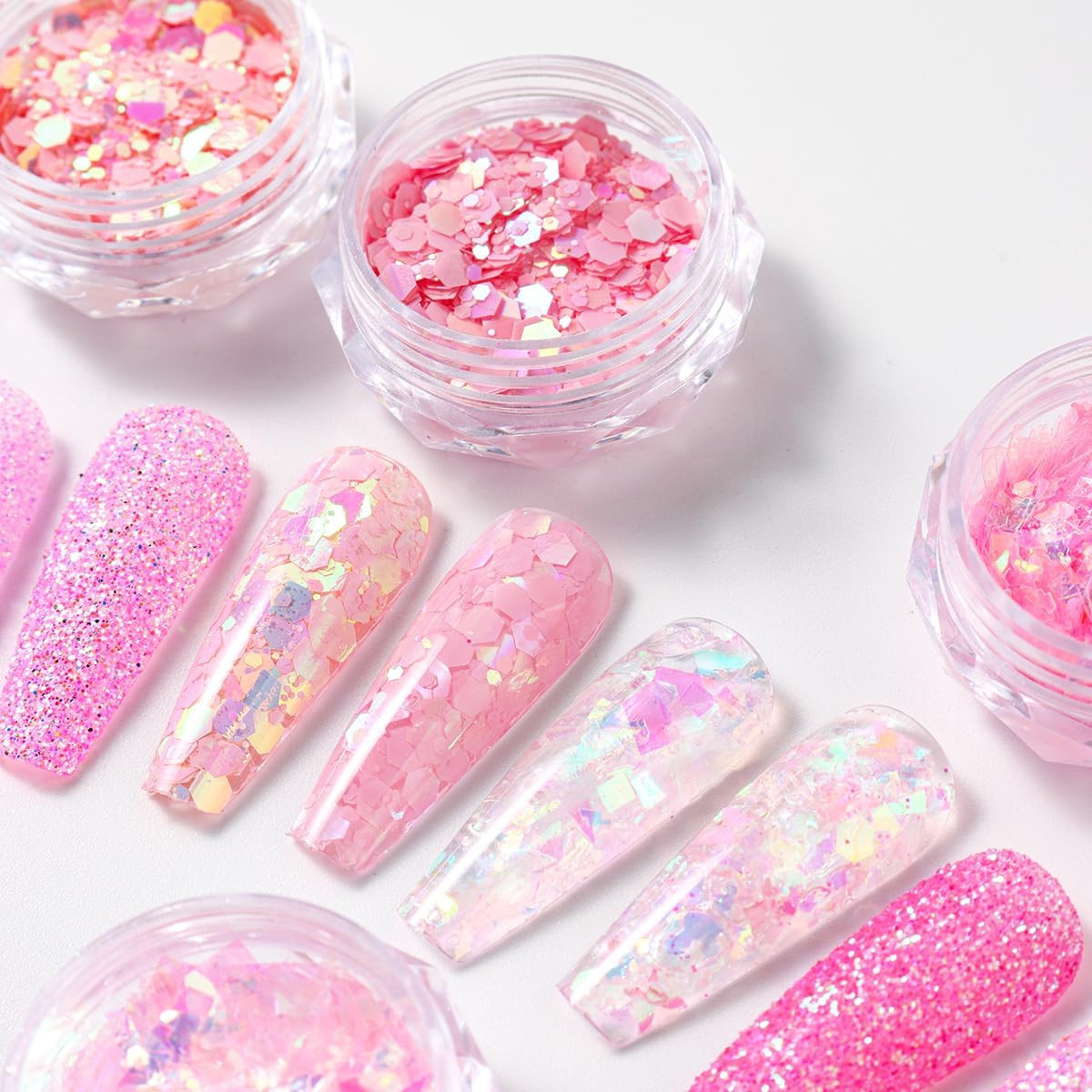 Pink Nail Glitter Powder, 12Pcs Nail Art Sequins Dust Set | Holographic Paillett