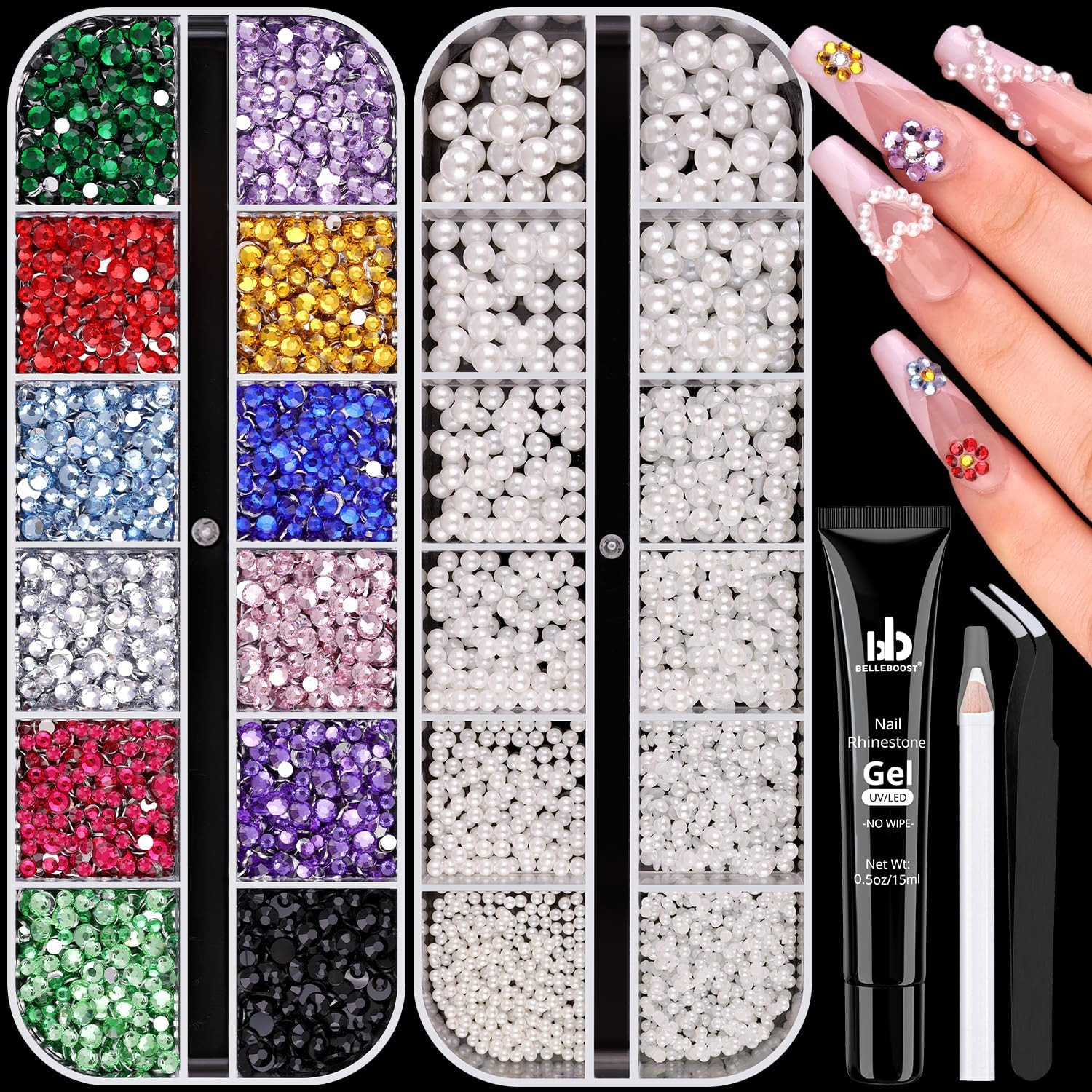 8000Pcs Nail Pearls and Colorful Rhinestones for Nail Art, White Pearl Nail Char