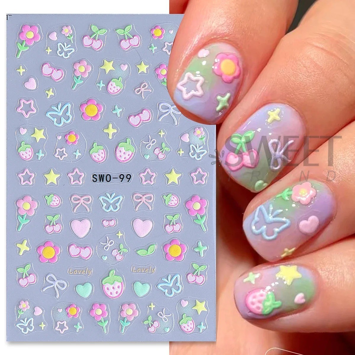 2PCS Sweet Element Nail Art Stickers Simple Flower Heart Cherry Strawberry Kawai