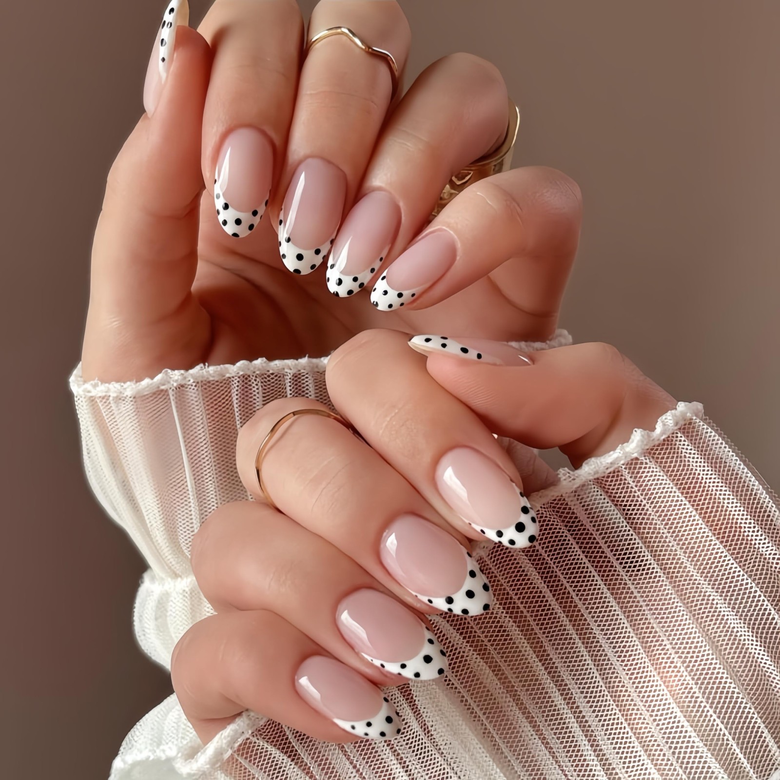 Press On Nails Almond Medium Nude Pink French Tips with Black Polka Dot Desig…