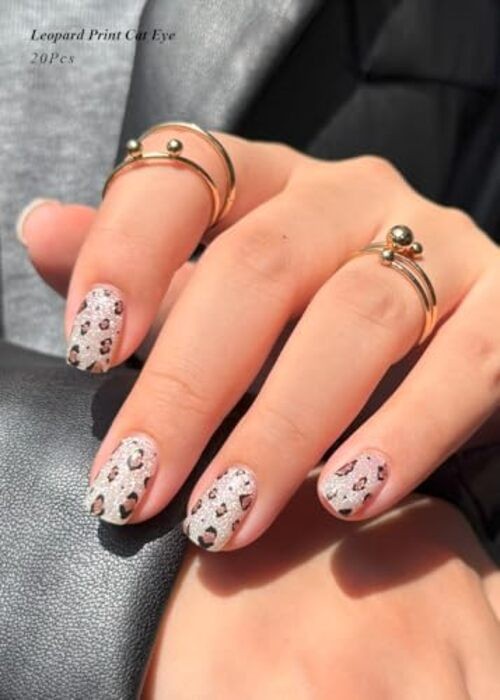 Semi Cured Gel Nail Strips (), Brown, 20 Pcs Fall Gel Leopard Print Cat Eye