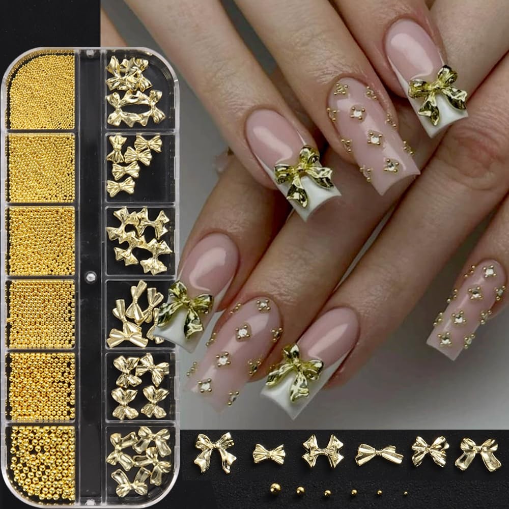 Golden Metal Bow Knot Steel Beads Nails Decoration Kit,3D Alloy Bow-Knot Gold…