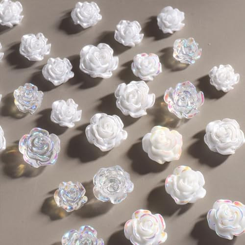 Flowers Nail Charms 3D Resin White & Aurora Clear Rose Designs Nail Art Charms