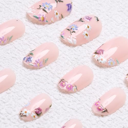Colorful Flowers Press on Nails Short Almond Shaped Fake Nails Designs Style 8