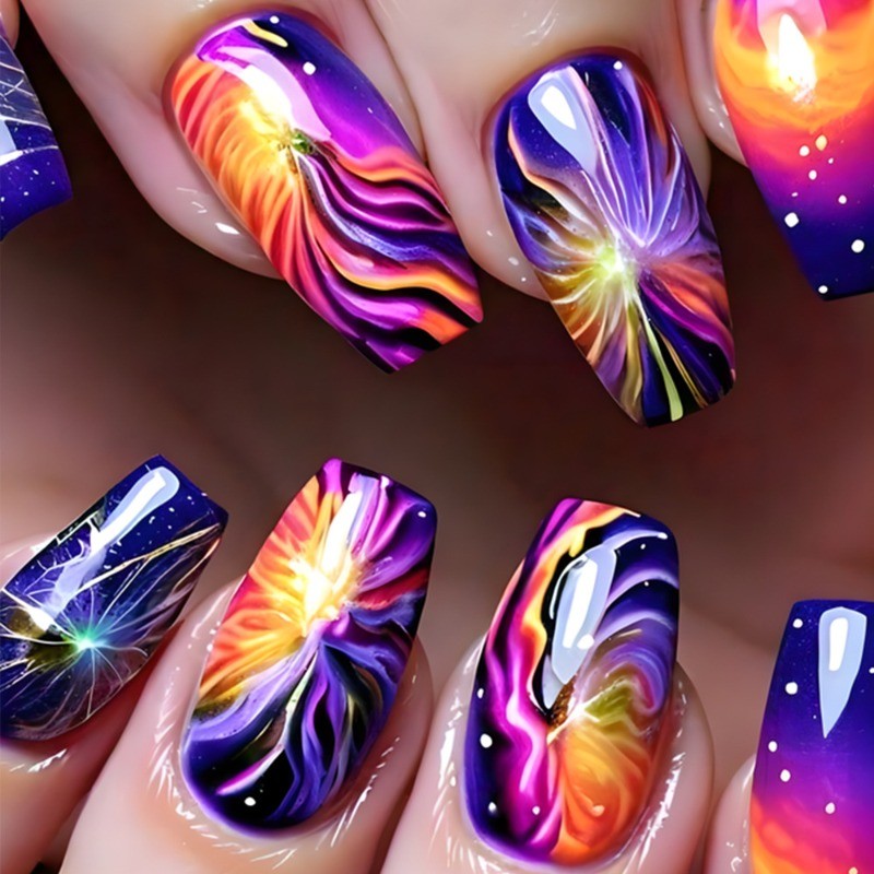 48pcs- Cosmic Swirl Press on Nails, Purple Orange Galaxy Art Medium Coffin Nails