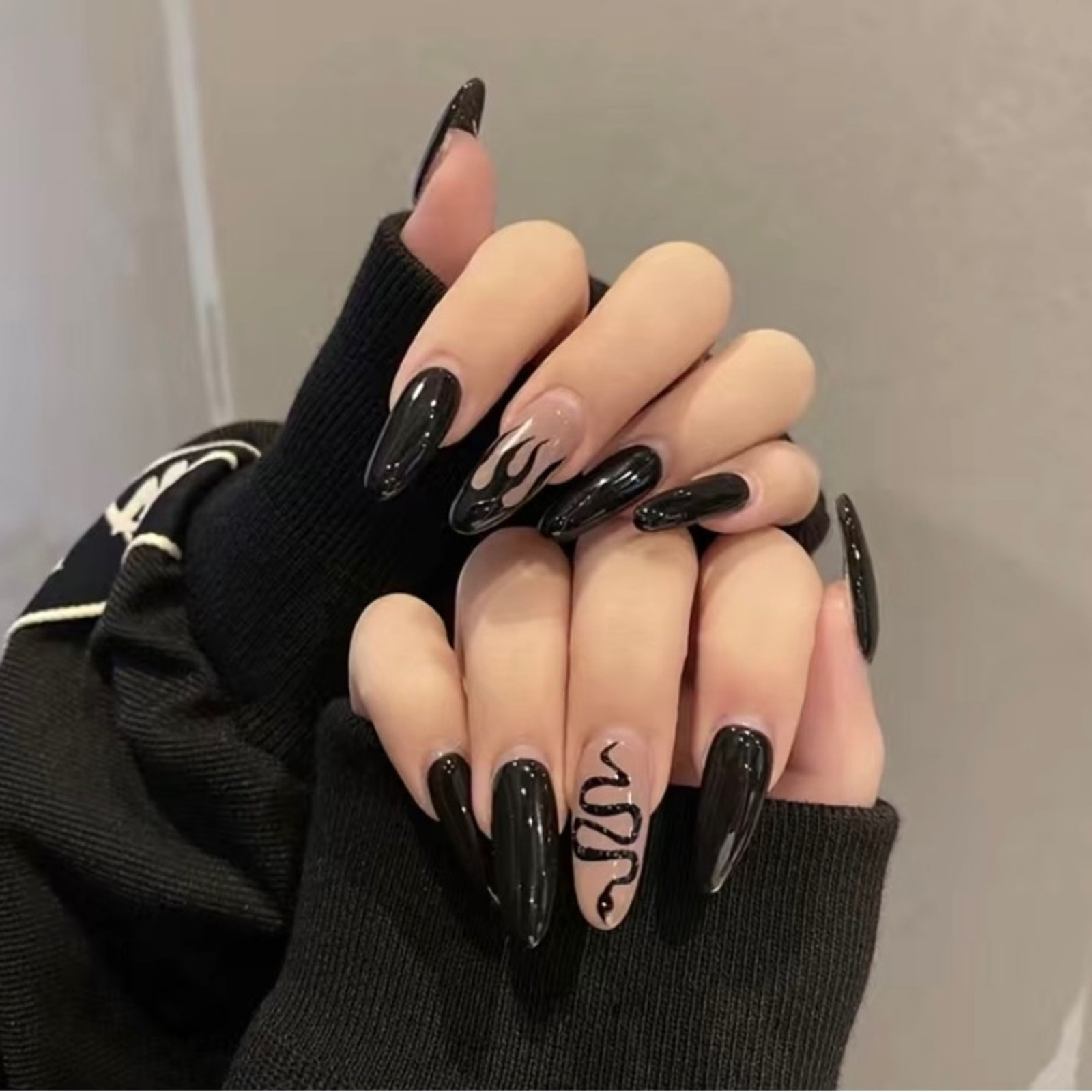 Black Beige Oval Press On Nails 25 Pc Set Medium Length Snake Flame Design +Glue