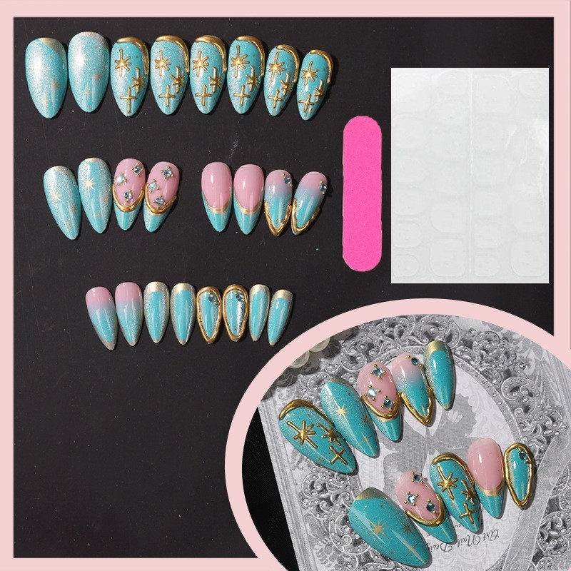 48Pcs-Glossy Nude Press on Nails Teal Cat Eye Gold Trim Star Long Almond Nails