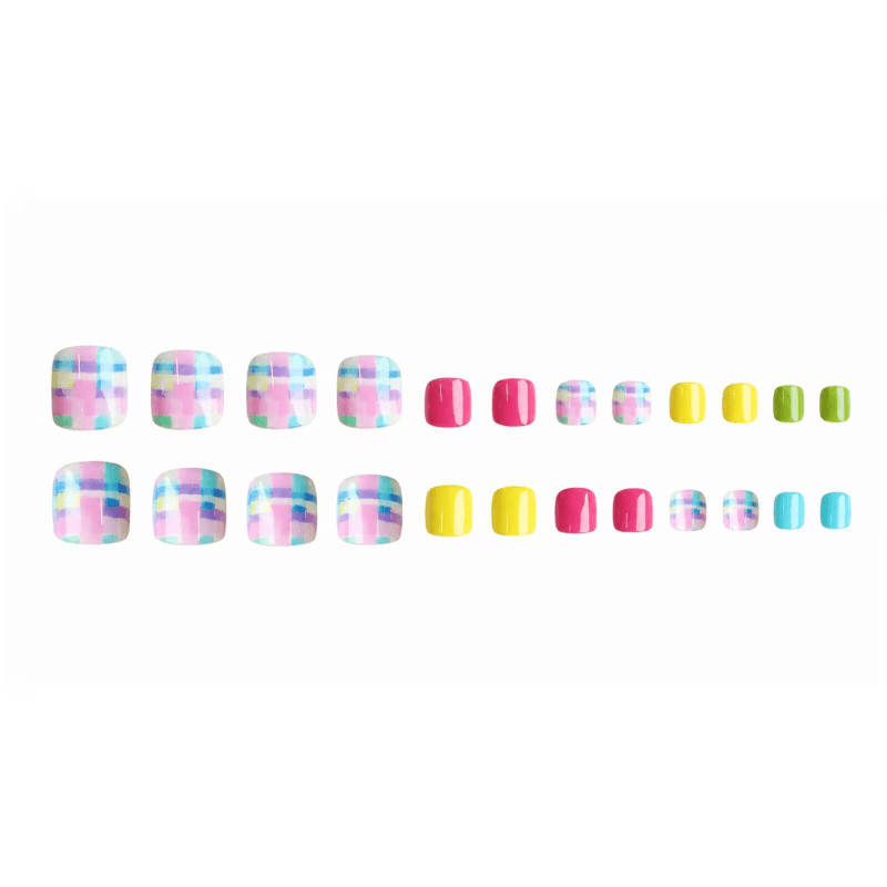 48 Pcs Rainbow Plaid Toe Short Square Press on Nails, Bright Vacation Fake Nails