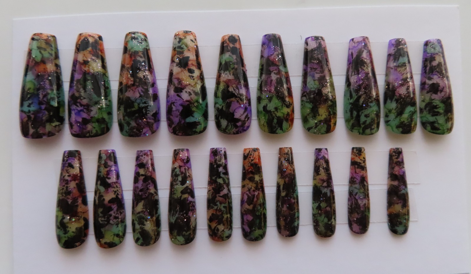 (2) Set Purple Black Silver Oval Chrome | Purple Green Ink Coffin Press-On Nail