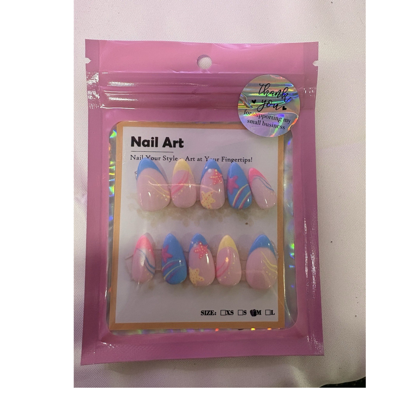 Press-On Nails Pink Blue Yellow Shiny Almond Medium Full Cover Starfish Set