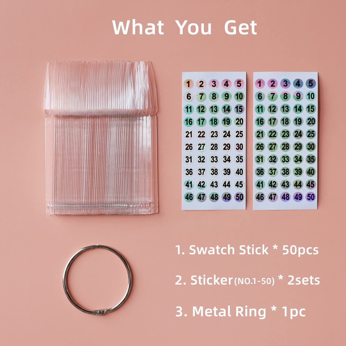 50 Pcs Clear Fan Shape Nail Color Swatches Sticks with Ring for Manicure