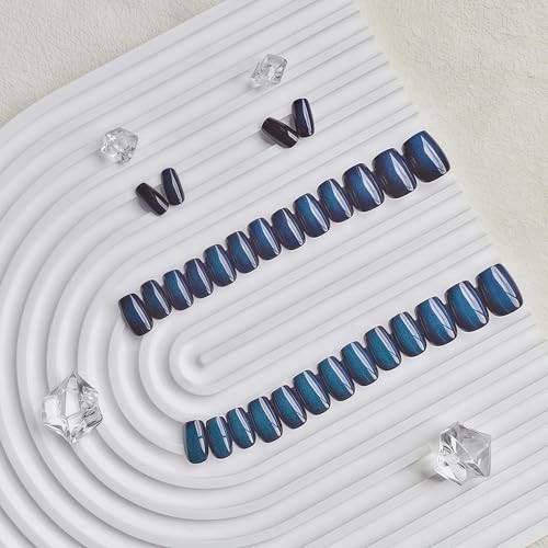 Cat Eye Press On Nails Short, 30 Pcs Glitter Black Baby Blue black sapphire
