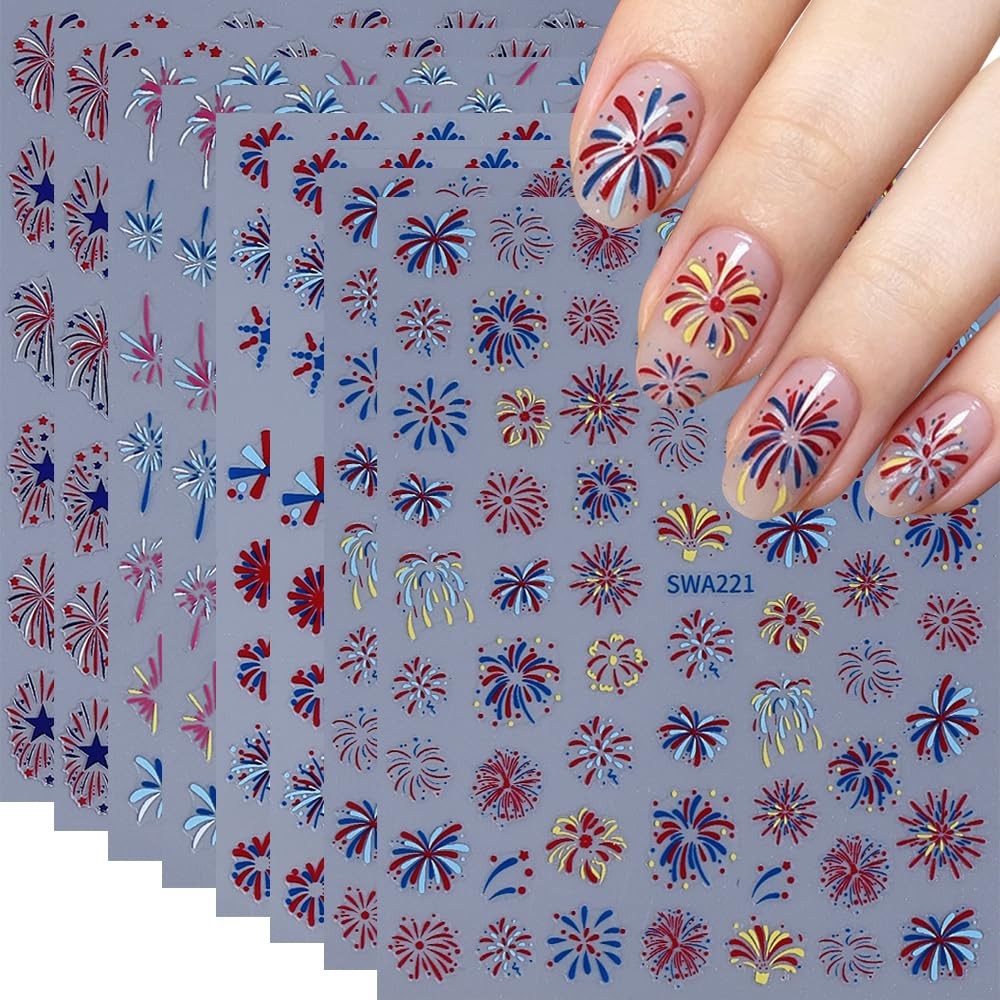 4th of July Fireworks Nail Stickers, Independence Day Nail Decals Blue Red Co…