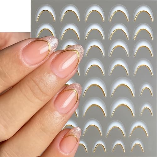 Gradient French Tip Nail Stickers for Women White Gold Curve Line Nail Art