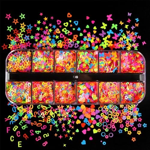 12 Grids Colorful Heart Nail Art Glitter Sequins 3D Holographic Mixed Pack