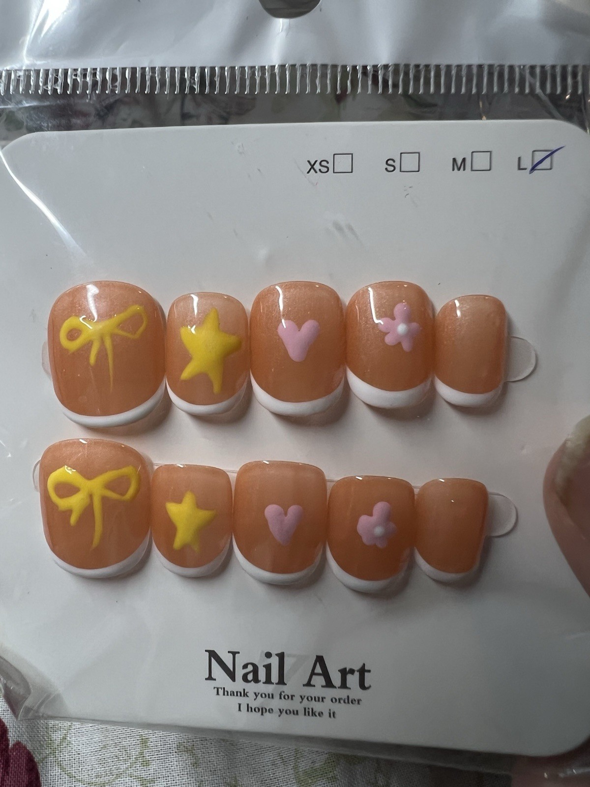 Press-On Nails Long Square Brown White French Yellow Pink Bow