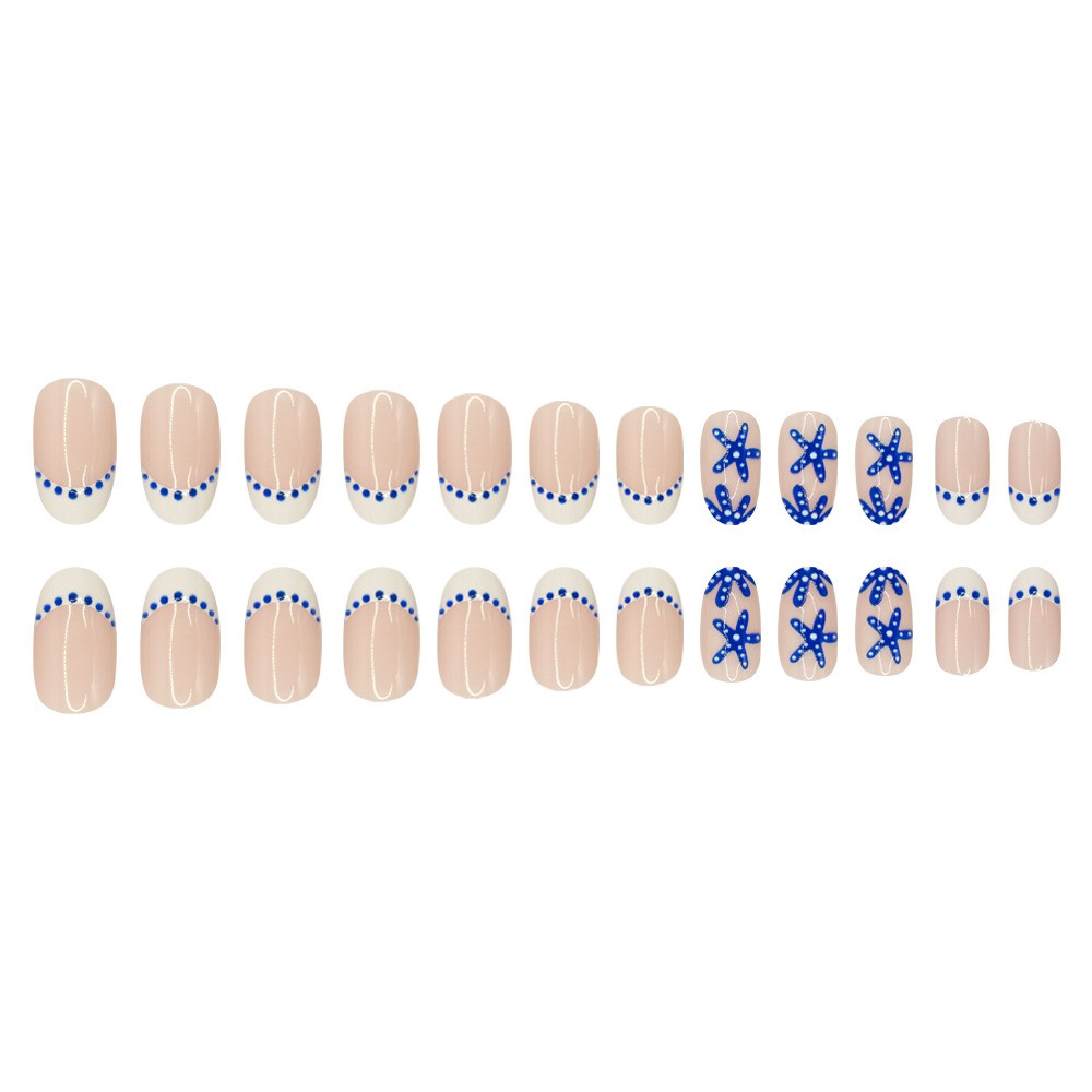 48pcs-Summer Ocean French Press on Nails, Medium Almond Starfish Fake Nails