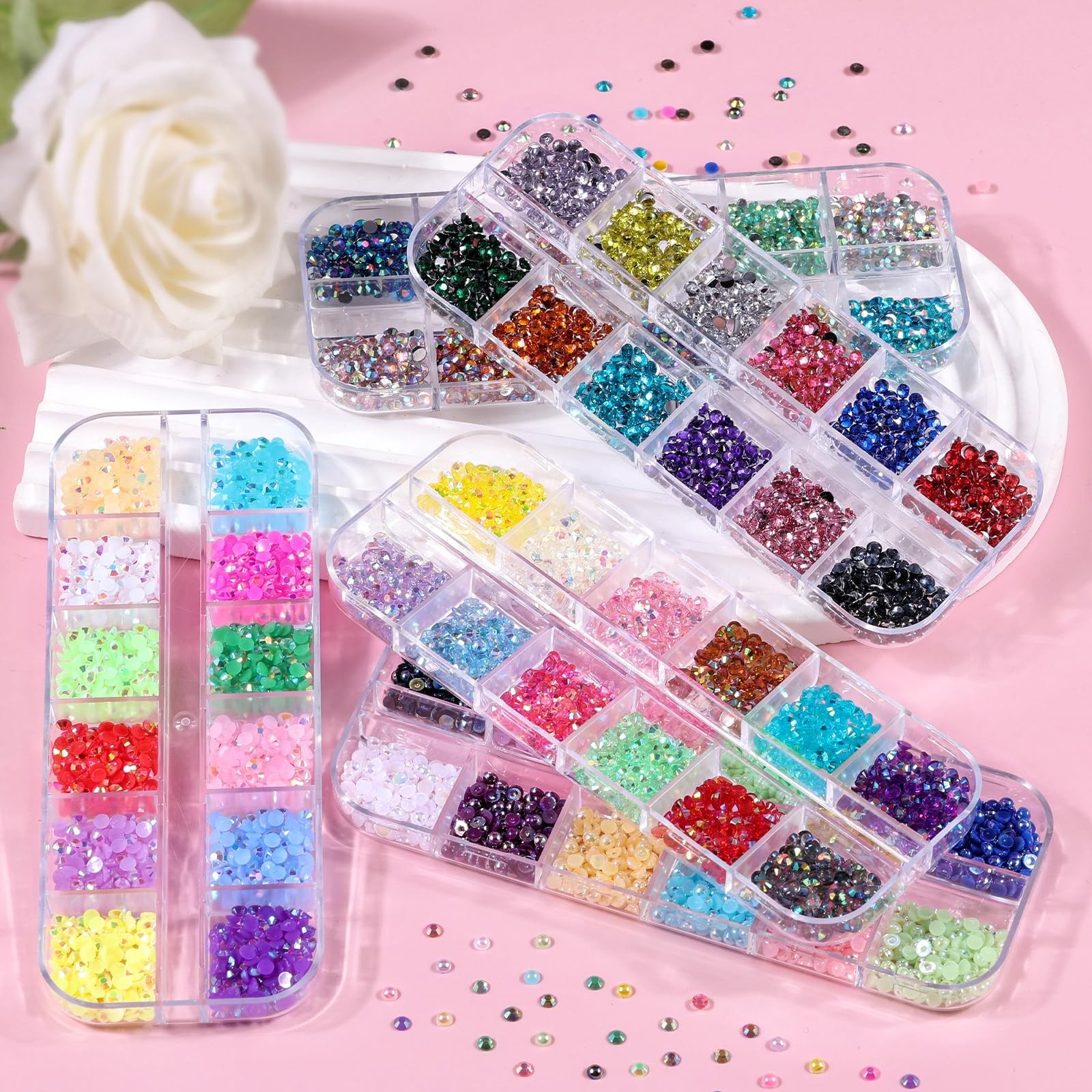 5 Boxes 9000pcs Sparkling Crystal Nail Rhinestones Pearls Kit, Flatback Multi…